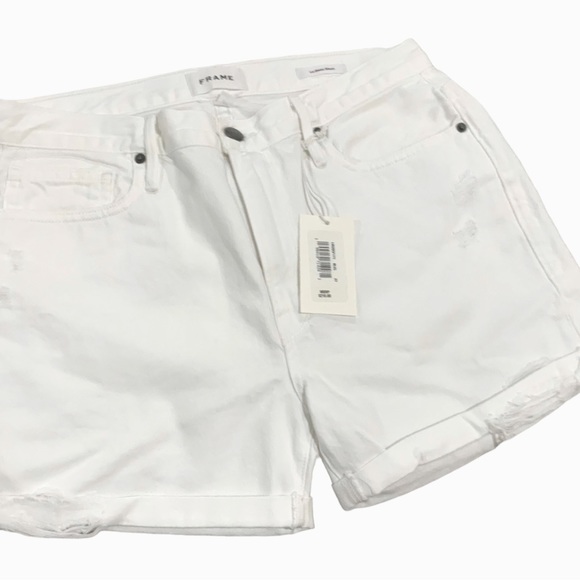 Frame 🆕 Le Beau Distressed Cuffed Denim Jean Shorts White Blanc Elsey - Picture 3 of 7